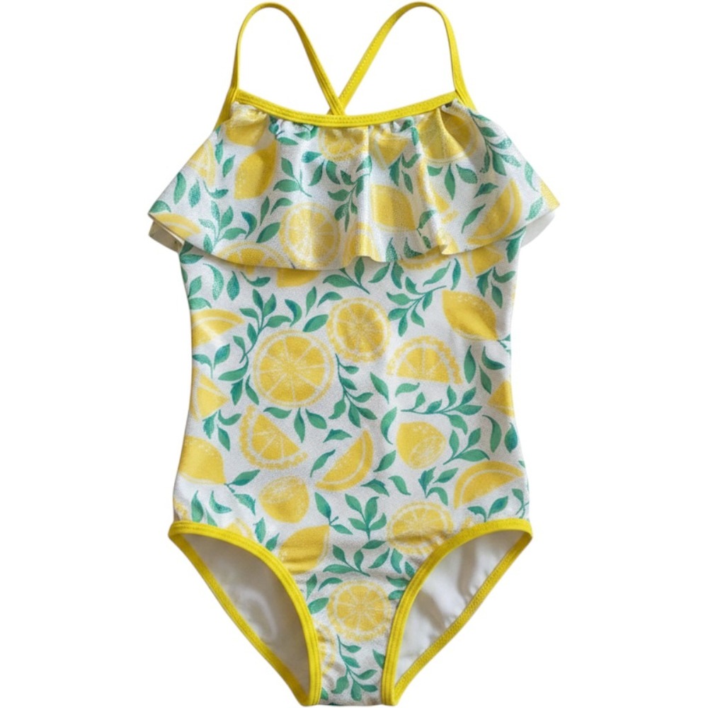 Tommy Bahama Swimsuit Kids 6 Lemons Shimmer Print Ruffle One Piece Scrunchie Set